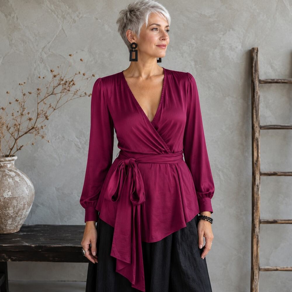 Moulitette Soeurs Magenta PInk Long Sleeve Wrap Blouse Top 10